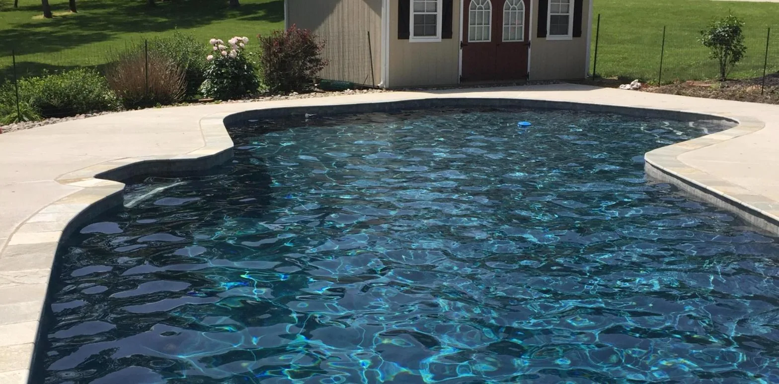 Freeform pool with a fresh dark-gray plaster finish and deep blue-green water